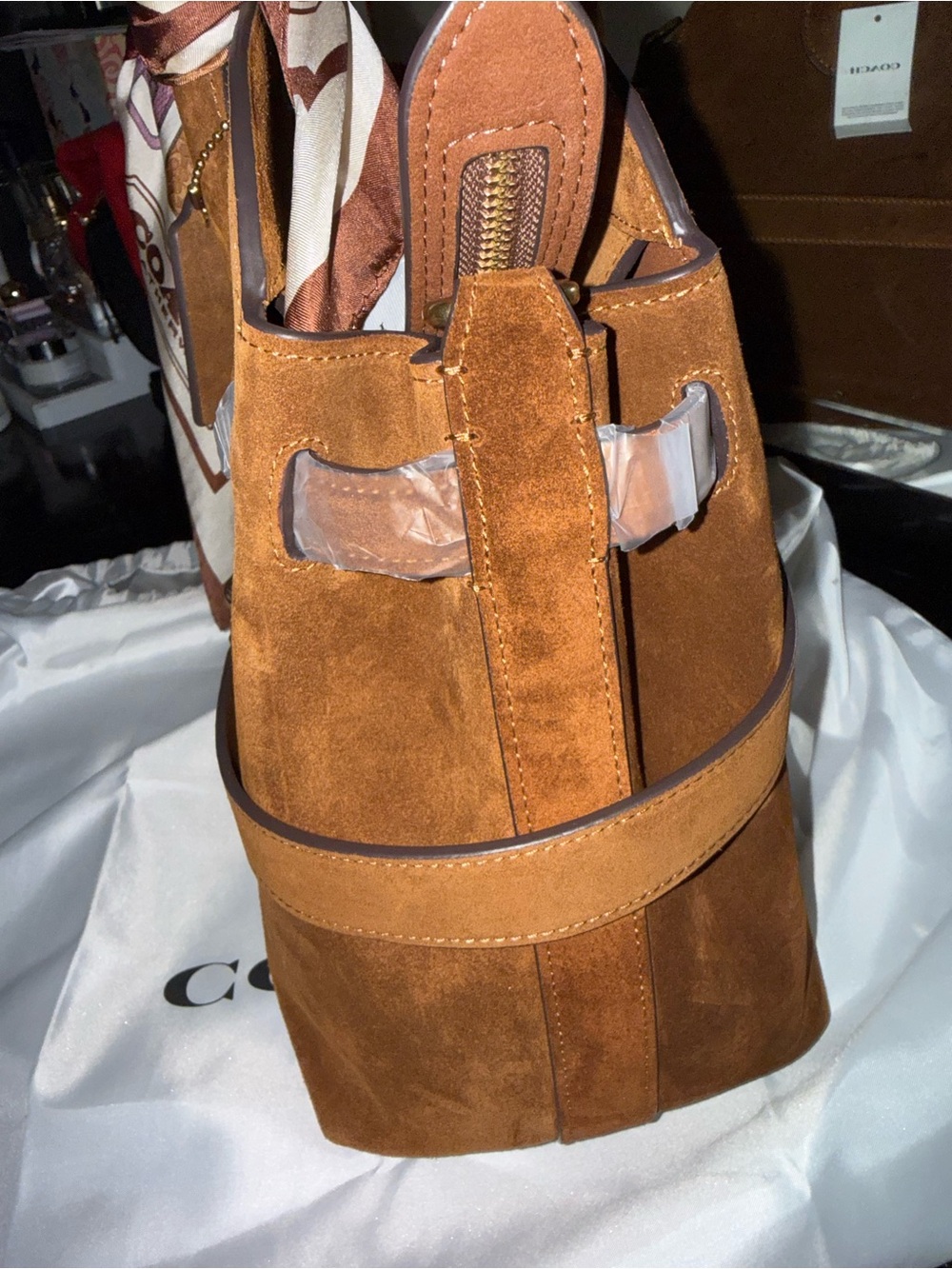 NWT Coach Suede Satchel in Chestnut with Silk-Scarf Wrapped Handles - Picture 5 of 10